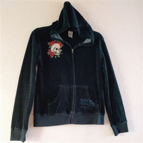 Ed Hardy Vintage "Skull & Roses" Velour Hoodie... - Depop