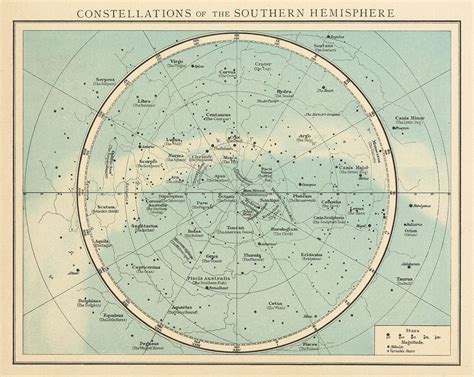 Southern Hemisphere constellations. Night sky. Star chart. THE TIMES 1895 map