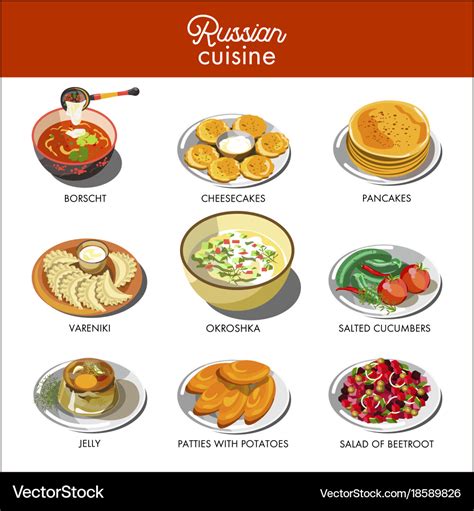 Russian cuisine traditional food dishes Royalty Free Vector