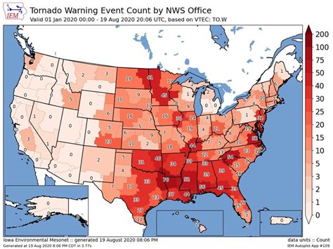 The total Tornado Warnings issued by NWS office so far this year across the United States! : MapPorn