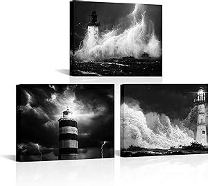 Amazon.com: RnnJoile Lighthouse Wall Art Decor Black and White Nautical Storm Canvas Picture ...
