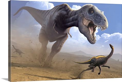 Tyrannosaurus rex dinosaur hunting an Ornithomimus dinosaur. Wall Art, Canvas Prints, Framed ...