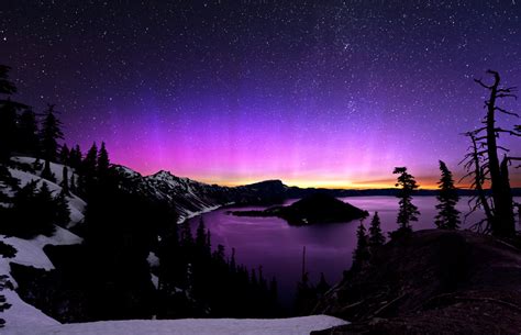 aurora borealis and the milky way over crater lake photo | One Big Photo