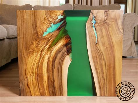 Live edge waterfall green river coffee table with transparent leg – Fine Wooden Creations ...