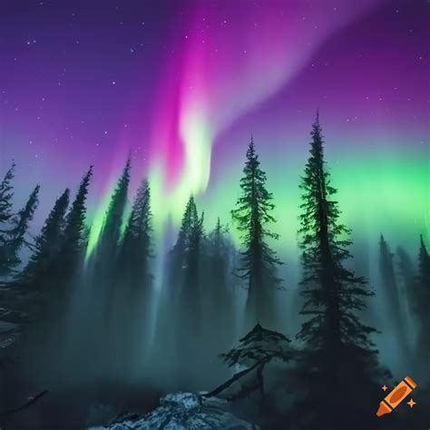 Aurora borealis over a foggy forest on Craiyon