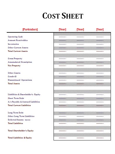 Cost Sheet Template | Free Sheet Templates