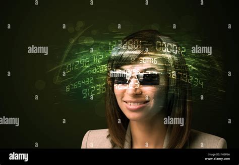 Business woman looking at high tech number calculations Stock Photo - Alamy