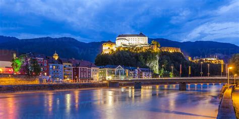 Austria, Tyrol, Kufstein, Fortress, Inn river and old town in the ...