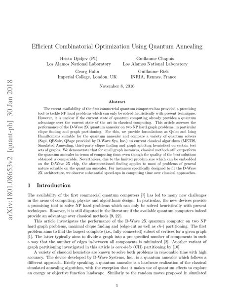 (PDF) Efficient Combinatorial Optimization Using Quantum Annealing