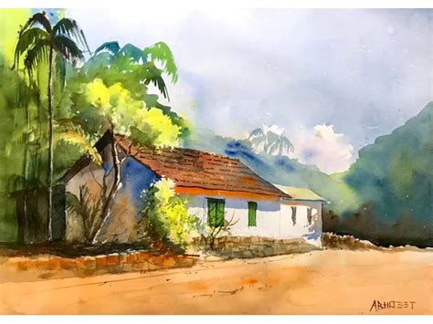 Home Alone | Village Landscape | Watercolor Painting by Abhijeet ...