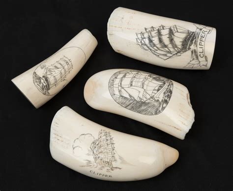 Sold Price: Four vintage scrimshaw whale teeth depicting clippers and ...