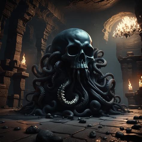 An amorphous black blob with tentacles and a small human skull balanced on top in a dungeon.3D ...