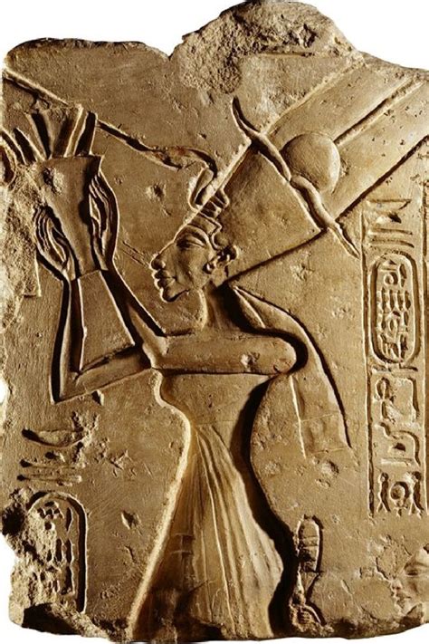 Nefertiti making a solitary offering to the god Aten, followed by her eldest daughter Meritaton ...