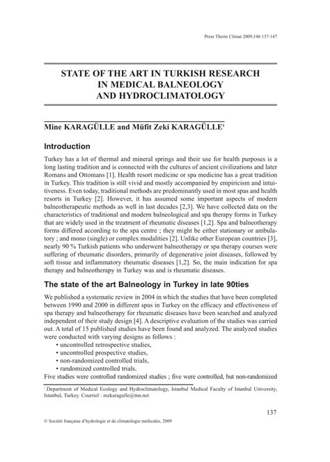 (PDF) STATE OF THE ART IN TURKISH RESEARCH IN MEDICAL BALNEOLOGY AND HYDROCLIMATOLOGY