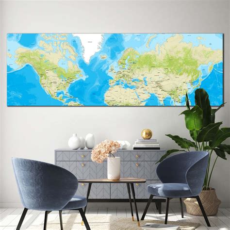 Flat Earth Canvas Wall Art, Green Blue World Map Digital Painting Canv ...