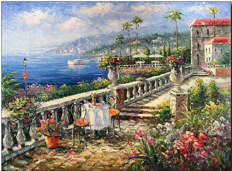 Mediterranean oil painting,Mediterranean Villa Lake Como