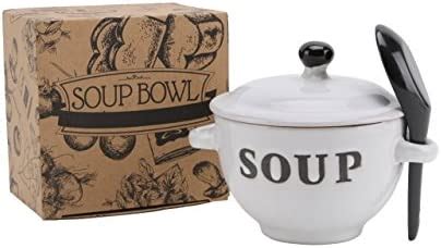 Ceramic Soup Bowl with Lid and Spoon in Gift Box Blue Grey Cream or White (Jasmine White)- Buy ...