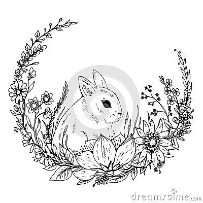 Cute Hand Drawn Rabbit With Wreath Of Flowers And Leafs Stock Vector - Image: 65648672