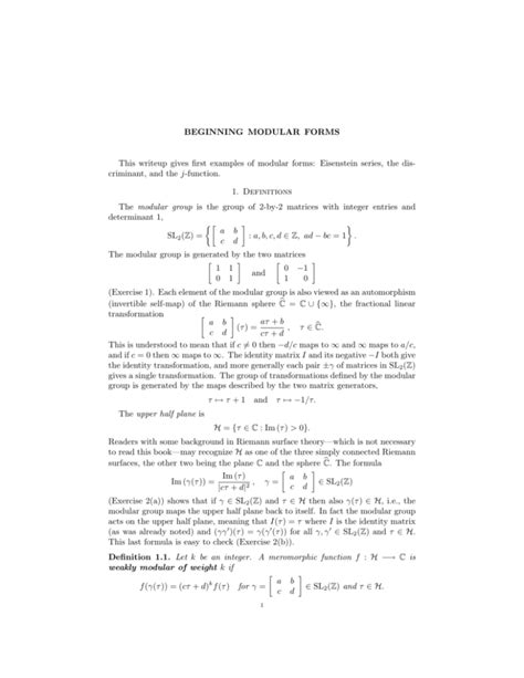 BEGINNING MODULAR FORMS This writeup gives first examples of