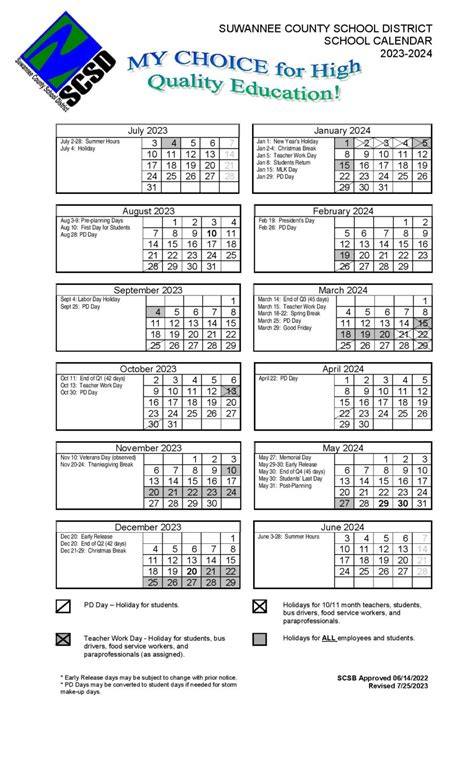 Suwannee County School District Calendar 2023-2024 in PDF