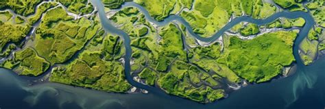 Premium AI Image | Aerial view of a river delta with lush green ...