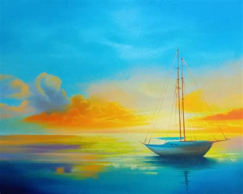 Boat Painting in oil colors fishing boat sun set landscape Painting by ...