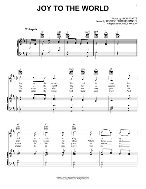 Joy To The World by Isaac Watts Sheet Music for Piano, Vocal & Guitar Chords (Right-Hand Melody ...