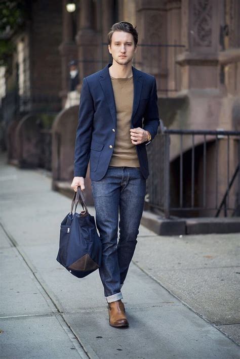 Men's Navy Blazer, Tan Crew-neck Sweater, Navy Jeans, Brown Leather ...