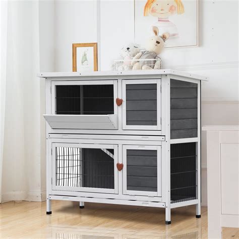 Lovupet Rabbit Hutch Cage, 2 Story Indoor Outdoor Wooden Bunny Cage, Wood Rabbit House 0322 Gray ...