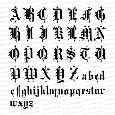 an old english alphabet with the letters and numbers in black ink on a white background