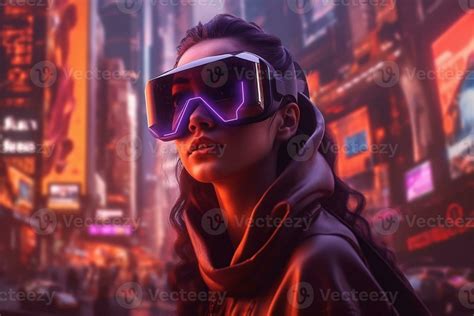 A woman wearing a vr headset in front of a cityscape, 25287953 Stock Photo at Vecteezy