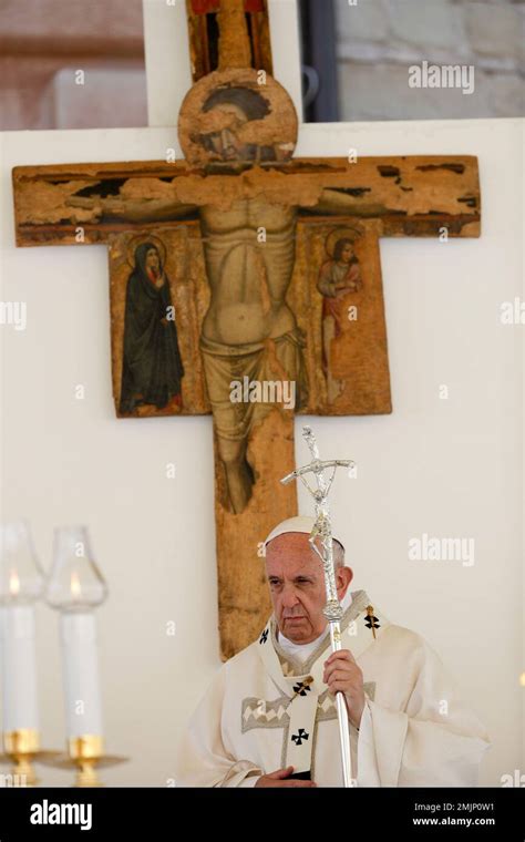 Pope Francis celebrates mass in Camerino, Italy, Sunday, June 16, 2019. The town of Camerino was ...