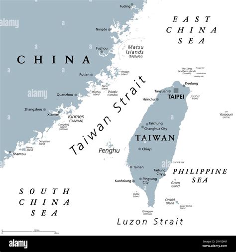 Taiwan Strait, gray political map. Important waterway and disputed ...