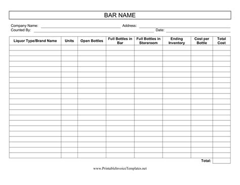 Liquor Inventory Sheet Template