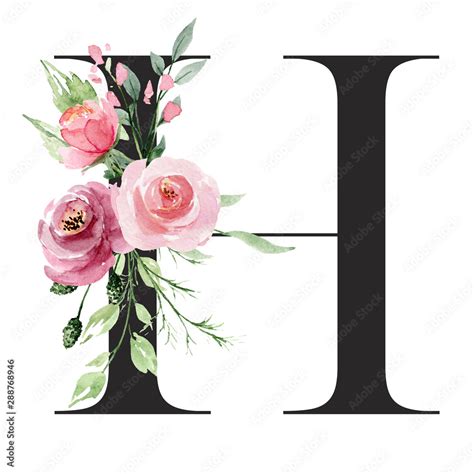 Floral alphabet, letter H with watercolor flowers and leaf. Monogram initials perfectly for ...