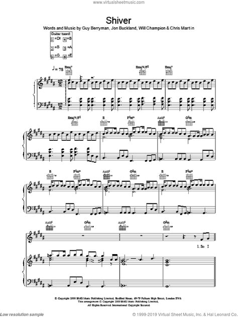 Coldplay: Shiver sheet music for voice, piano or guitar (PDF)