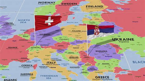 Switzerland and Serbia Flag Waving with The World Map, Seamless Loop in Wind, 3D Rendering ...