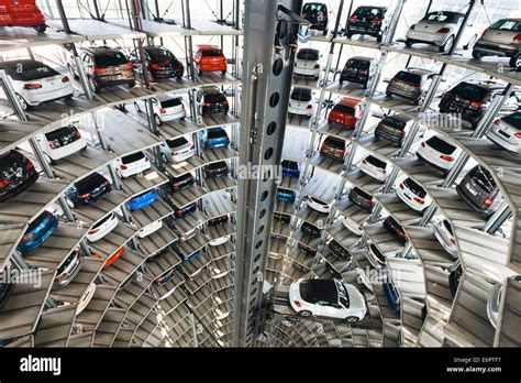 In one of the two car towers, Autostadt of the Volkswagen AG, Wolfsburg ...