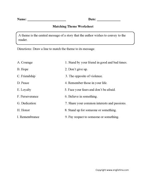 Matching Theme Worksheet | Middle School Language | Pinterest ...