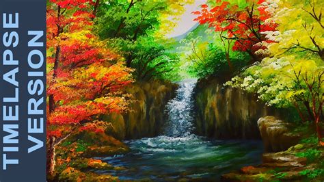 Water Falls In Autumn Forest - Acrylic Painting Tutorial TIMELAPSE VERSION - YouTube