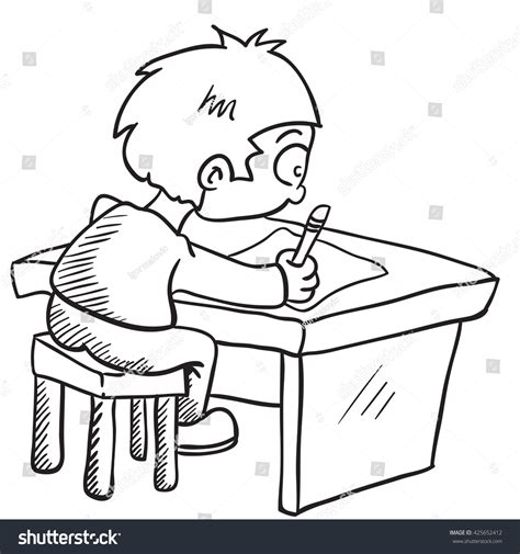 Black And White Boy Doing Homework Cartoon Illustration - 425652412 : Shutterstock