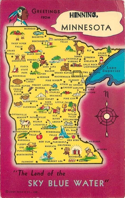 Henning MN~Greetings Map~Indian~Warroad to Austin~Ortonville to Carlton ...