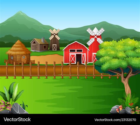 Cartoon of farm landscape with the beautiful Vector Image