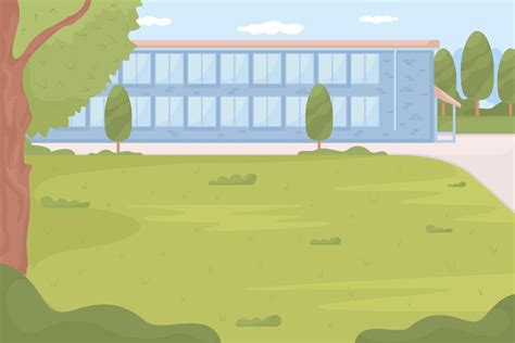 High school surrounded by green schoolyard flat color vector ...