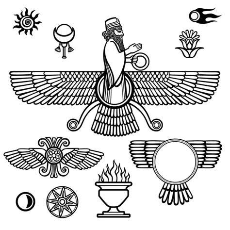 Image of the prophet Farvahar. Set of esoteric symbols. The black silhouette isolated on a white ...