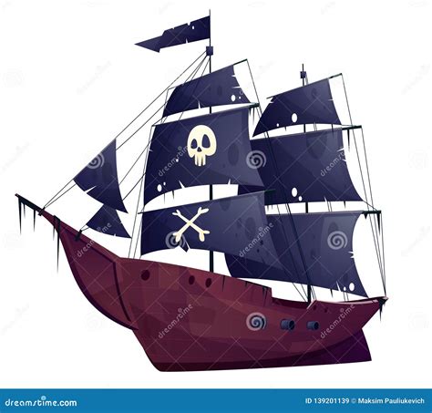 Vector Cartoon Pirate Ship. Boat with Black Sails Stock Vector - Illustration of flag, brig ...