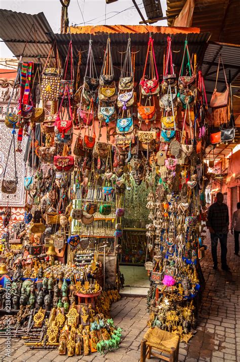 Street of Marrakesh market with traditional souvenirs, Morocco Stock ...