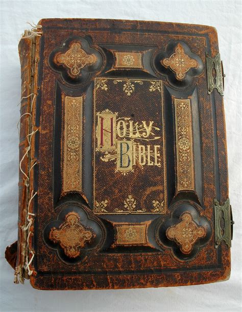 Holy Bible, dated 1885, antique gold lettering, leather and board, held together with dental ...