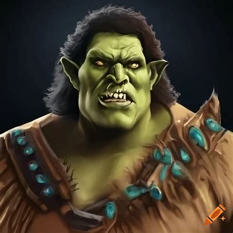 Illustration of a half-orc warrior inspired by andre the giant on Craiyon