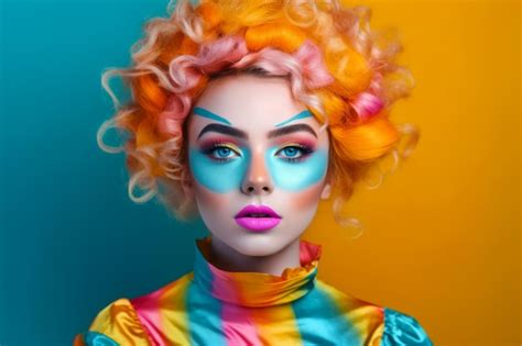 Premium Photo | Woman with bright hair and makeup is wearing blue and yellow wig Generative AI